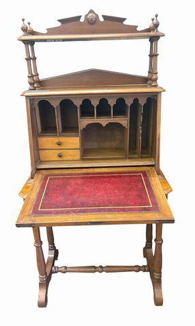 Antique Victorian black walnut dropfront secretary w/ red leather writing surfac