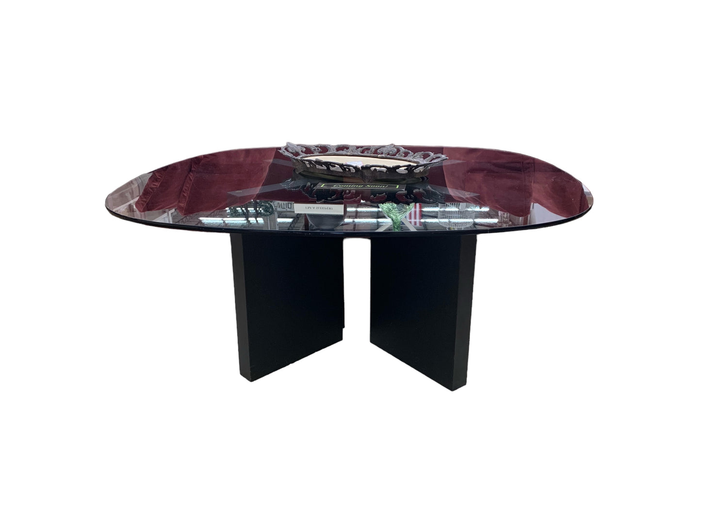 Rounded square glass-top coffee table w/ black "V" base, 42x42x18"