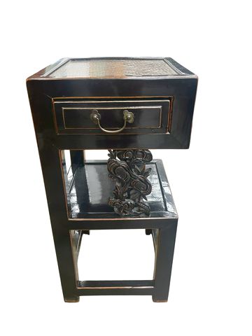 Chinese lacquered side table w/one drawer/carved side panels, 32.25H.15.5W.15.5D