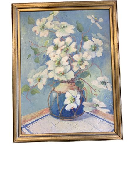 Antique Oil Color Painting, Dogwood 17.5Hx13.5W