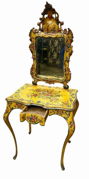 18th century Style Venetian Yellow Ground & Floral Dressing Table w/Mirror