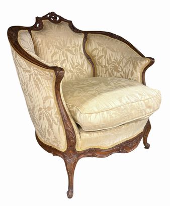 French Louis XV-style carved walnut bergere armchair w/ yellow floral jacquard u