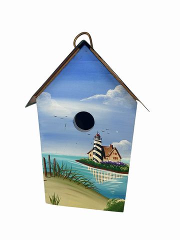 Handpainted birdhouse w/ metal roof, 7x5.75x11H