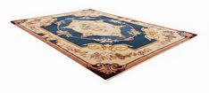 Hand-knotted French Aubusson wool area rug w/ floral medallion on navy blue, 13'