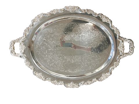 Large silverplate tray w/ handles, 30x20x2"