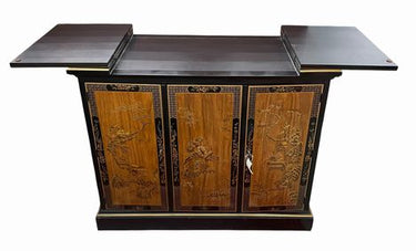 Vintage Drexel black lacquer chinoiserie flip-top buffet, 33" h, 39-54.25" w, 19