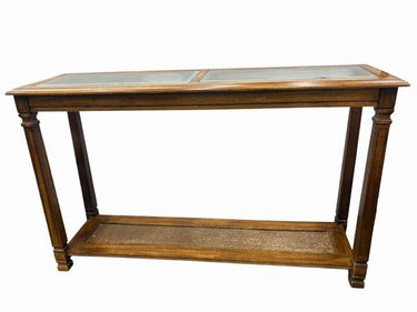 Distressed oak console table w/ glass inserts & woven stretcher shelf, 28" h, 45