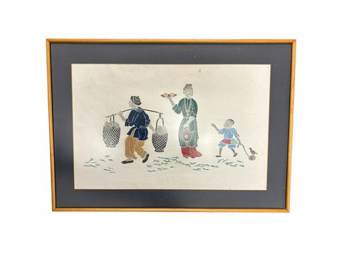 Colored wood print on rice paper of Asian family walking, 17.5x24.5"