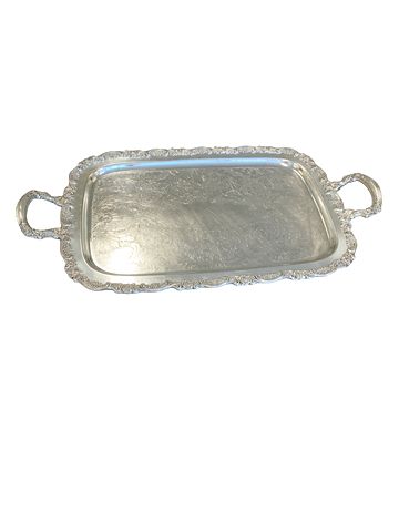 Etched Rectangle Silver Plated Serving Tray w/Footed Handles 13.5"x24"