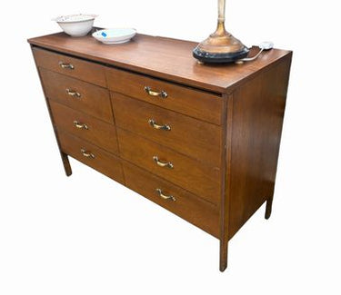 Vintage dark oak veneer 8-drawer dresser, 34" h, 48" w, 18" d