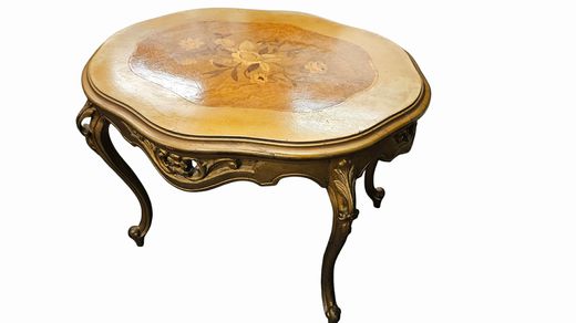 Gold w Marquetry Top, Accent Table 24w,20d,18h"