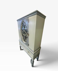 Painted Jacobean china cabinet, blue/sage, 67.5H. 47W. 15D.