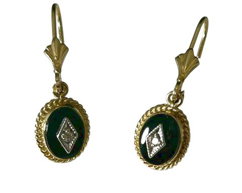 Pair 14k Yellow Gold Black Onyx & Diamond Dangle Earrings, 2g