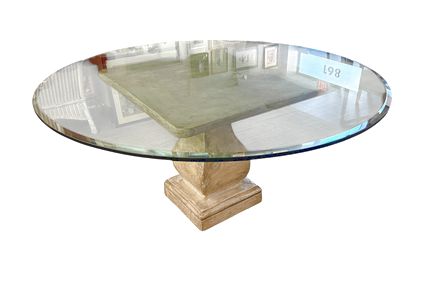 Round glass-top dining table on concrete base & square top, 66" diam., 32" h