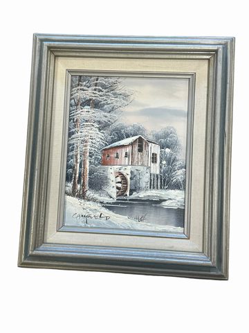 Framed oil painting, winter mill scene, 15.25x13.25