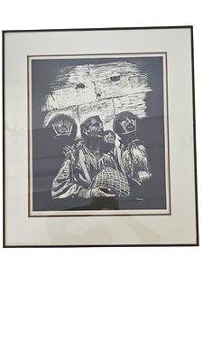 B/W Woodcut Signed Military Themed 20"x24"