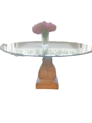 Round glass-top dining table on concrete base & square top, 66" diam., 32" h