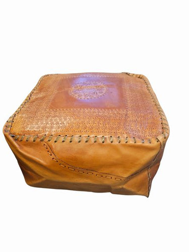 Mellow Tan  Moraccan LeatherTooled  Pouf 11"h c 18"Sq