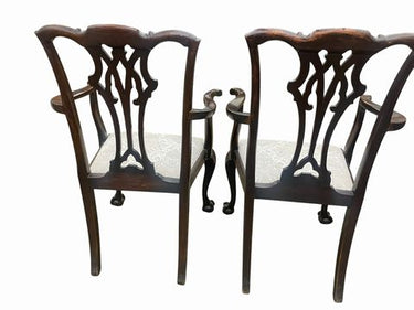 PAIR of Chippendale Dining chairs w/arms & upholstered seat,38H. 24W. 21D
