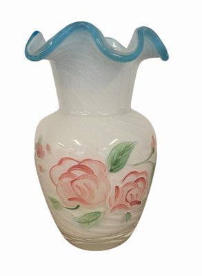 Vintage handpainted floral Fenton glass vase, 6" h