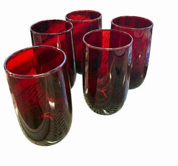 Set of 5 ruby red blown-glass juice glasses, 4.5" h