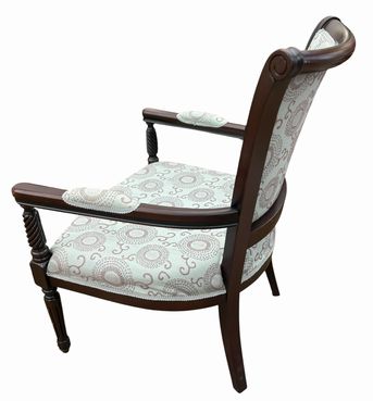 French-style dark wood armchair w/ pale turquoise patterned upholstery, 36" h, 2
