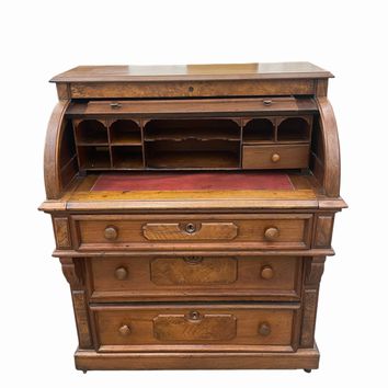 19thc. Eastlake/Victorian roll-top desk w/wheels, 43.5H 36W 21D