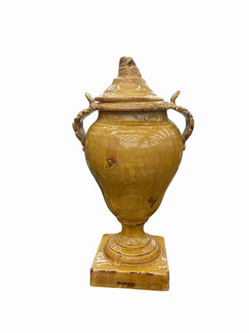 Vintage Boho Italian Signed Fortunata Glazed Ceramic Lidded Urn, H. 27.5 in.