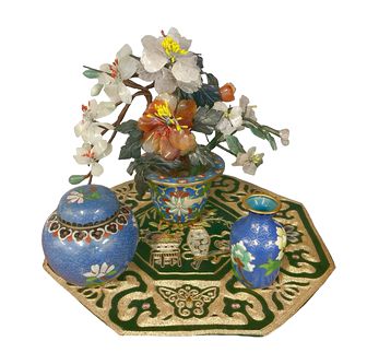 Asian semiprecious stone tree w/ cloisonne planter, vase & ginger jar on silk