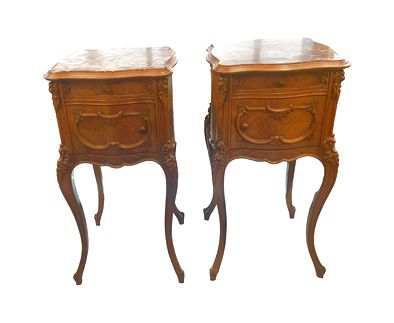 PAIR of antique marble-top Louis XV-style walnut marquetry bedside tables, 16.5x