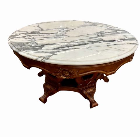 Mahogany & Round Marble Top Coffee Table, H. 18.5 in. x Diam. 36 in.