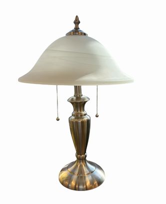 Chrome lamp w/ frosted glass shade, 18" h