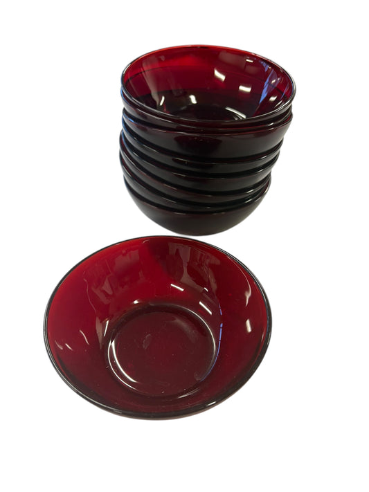 Set of 9 ruby red small glass bowls, 4.5" diam.