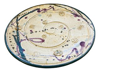 Art Pottery Garnet and Teal on Tan Platter 15"Diam