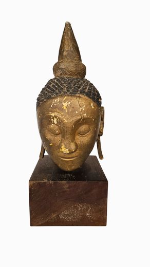 Antique Buddha Head Carved Wood, Bankok 15"Hx6"Sq