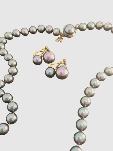 Vintage 36" Majorica Black Pearl Necklace w Matching Clip Earrings