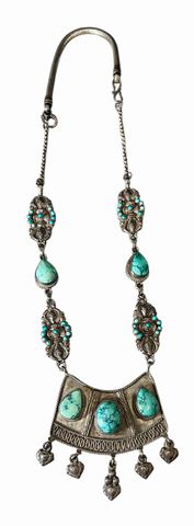 Chinese Tibetan Sterling Silver & Turquoise Necklace, L. 25 in.