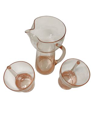 Glass Pink Pitcher & 2 Mugs, 9"H, 5"H