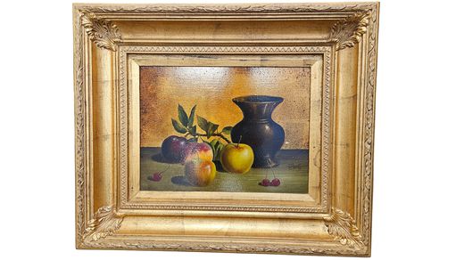 Trad. Heavy Gold Frame, Black Vase, 2 Green Apples, Gold, signed 22X24"