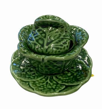 Green cabbage jam jar w/ saucer, 3.5" h