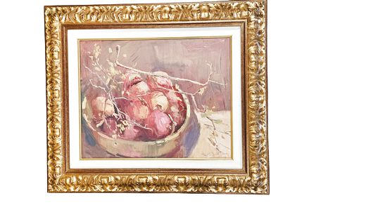 Heavy Gold Frame, Signed Print, Wooden Bowl Red Pomegranates s 24"HX28W"