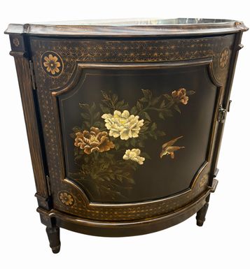 Hammary Chinoiserie floral black 2-door demilune commode, 32" h, 35" w, 20" d