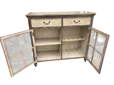 Distressed linen/weathered gray server w/ 2 drawers & 2 cabinets w/ bottle holde
