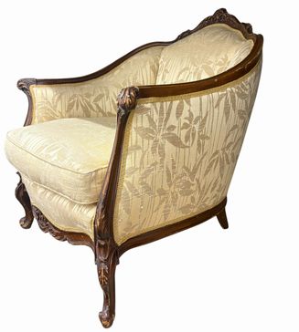 Antique French Louis XV-style bergere armchair w/ carved frame & yellow silk dam