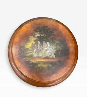 Painted Italian Rococo style round table w/ lower shelf, pastoral scene/florals