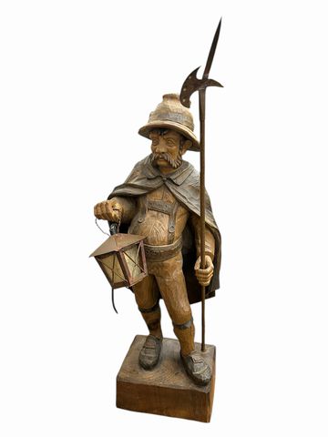 Vintage German Carved Wood Sculpture Lamp Night Watchman, H. 28.5 in.