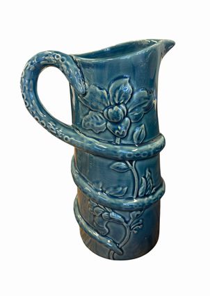 Blue embossed Anthropologie pitcher, 10.5" h