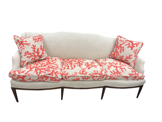 Tight-back cream linen sofa w/ coral-motif cushions, 72x25x30"