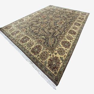Gray/tan/burgundy hand-knotted wool Persian-style area rug, 95" w x 124" l