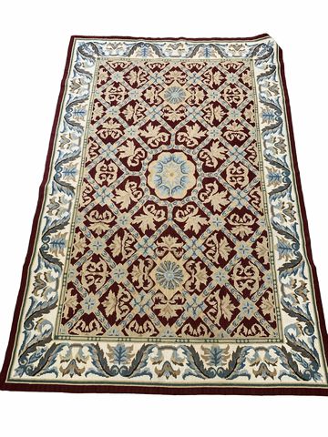 Red/blue/ivory needlepoint rug, 45.25x69"